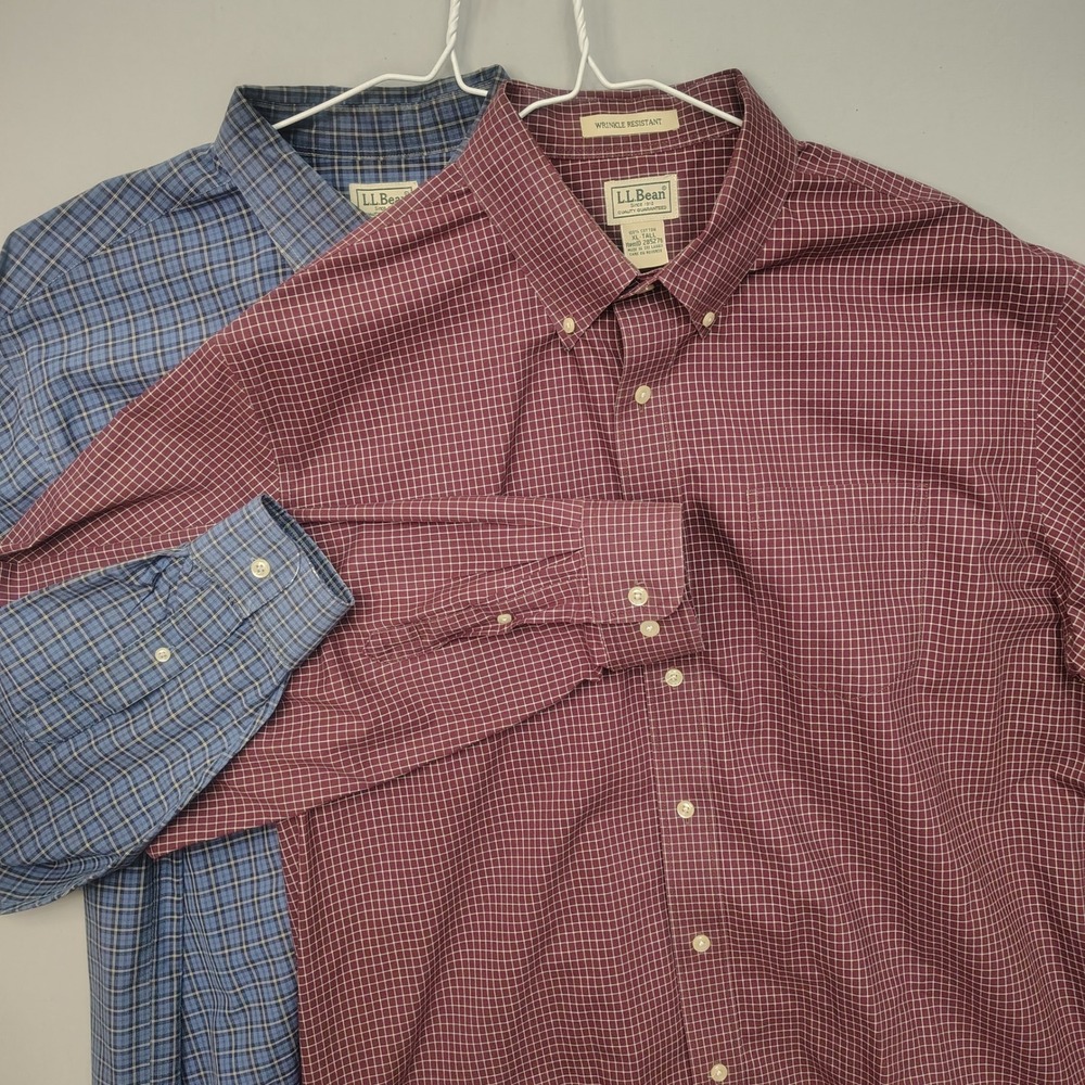 L.L. Bean Button Down Shirt Mens XL-Tall Maroon Blue Lot 2 Plaid Cotton